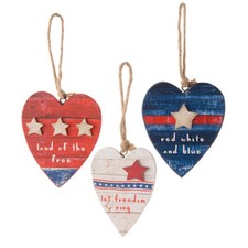 Patriotic Americana Heart Star 3 Ornaments Red White Blue 4th of July Decoration