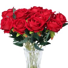 15PCS Red Artificial Roses Silk Flowers Fake Roses Realistic Bouquet Long Ste...