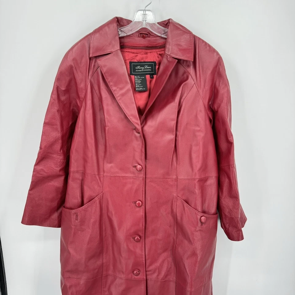 Abrigo Vintage Terry Lewis Para Mujer 1X Cuero Genuino Trench Retro Largo Chic Rojo Foto 4 de 4