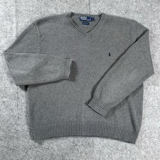 Vintage Polo Ralph Lauren Mens L Gray V-Neck Cotton Chunky Sweater