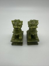 Vintage Hand-Carved Serpentine Green Jade Foo Dogs Guardian Lions Pair 2.75"