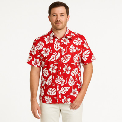 Toucan Dance Mens Y2K Hawaiian Shirt Red Hibiscus Tropical Floral
