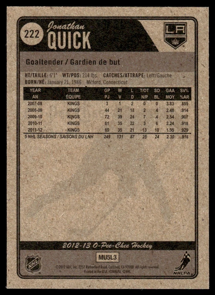 2012-13 O-Pee-Chee Jonathan Quick Los Angeles Kings #222 - Image 2 of 2