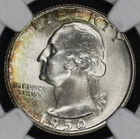 1950 D WASHINGTON QUARTER NGC MS 65 SMOOTH SILVER SATIN WITH GREAT RAINBOW RIM