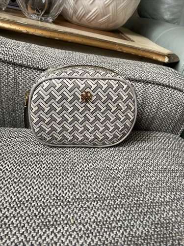 TORY BURCH Tile T Cosmetic Zip Pochette Bianco Grigio Logo 'T' Bella