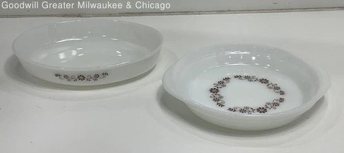 Vintage Dynaware Pyr-O-Rey Brown Floral Milk Glass Oval Dish & Pie Plate