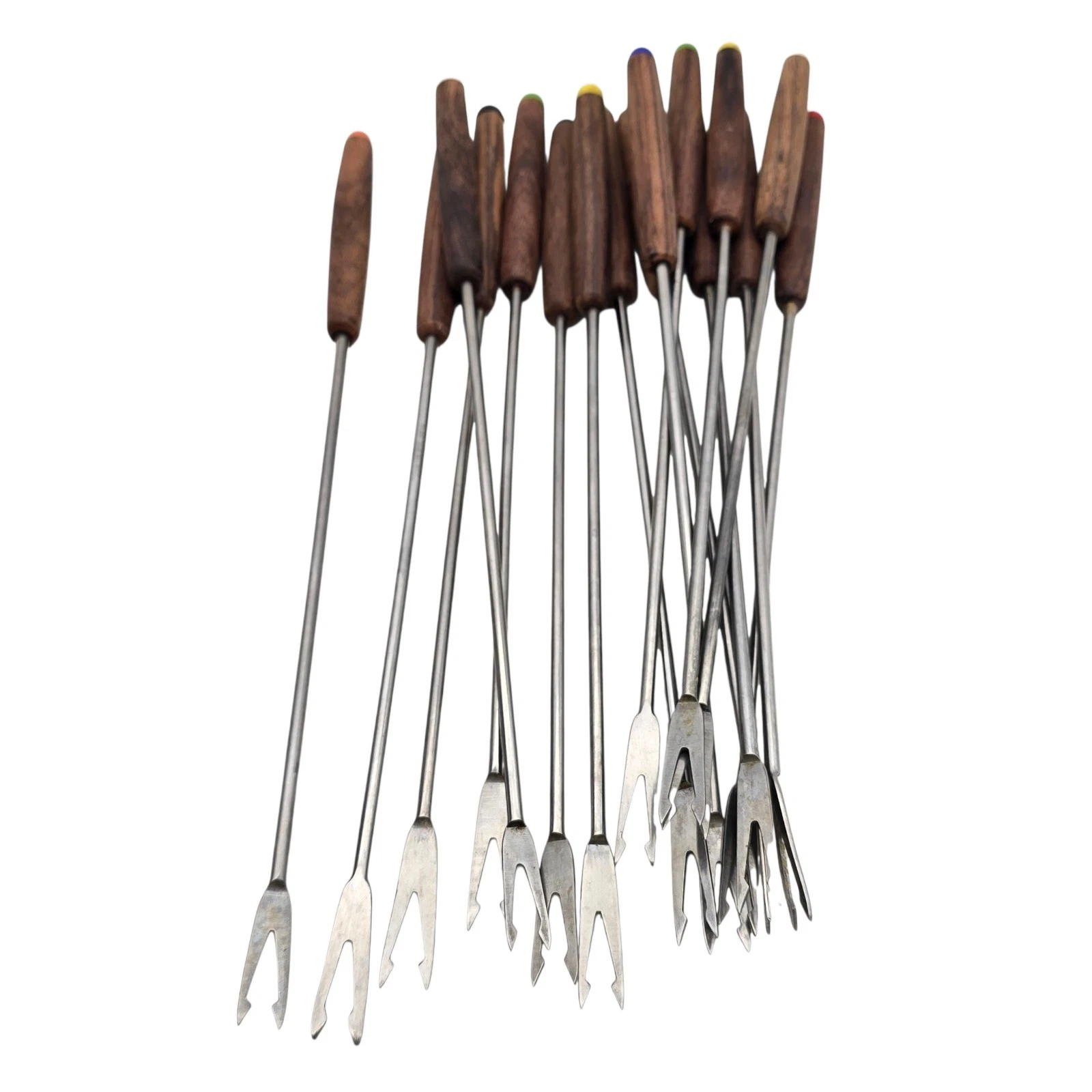 Set of 16 Vintage Wooden Handle Color Coded Fondue Forks