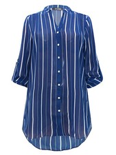 Image of Ex Evans Blue White Striped Roll Sleeve Curve Outsize Plus Shirt Top
