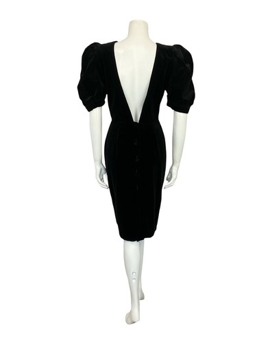 VTG 60S 70S BLACK VELVET PUFF SLEEVE BACKLESS PENCIL EVENING PARTY LBD DRESS 8 - Picture 2 of 12