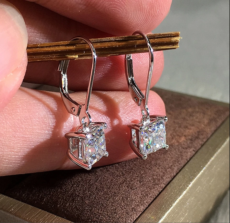 4 CT Solitaire Princess Cut Moissanite Dangle/Drop Earrings 925 Sterling Silver - Image 2 of 4