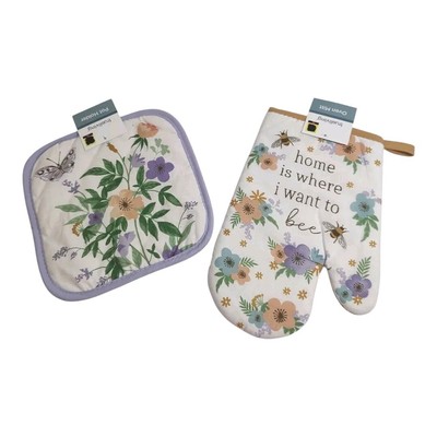 Lot of 2 Home Is Where I Want to Be Oven Mitt Potholder Butterfly Bee Flower New