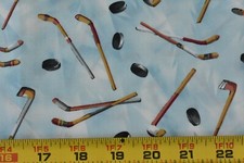 By 1/2 Yd, Hockey Sticks Pucks on Icy-Blue Cotton, RJR/"Vintage Sports", P6994