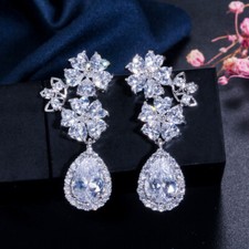 Women Gorgeous Silver Plated Cubic Zirconia Flower Wedding Dangle Drop Earrings