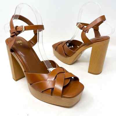 NEW Zara Leather Platform retro chunky Strappy Wooden Heeled