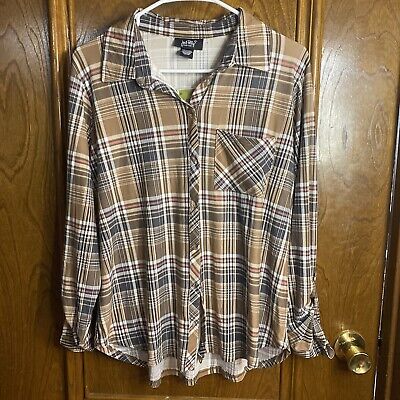 NWT Just Polly Juniors Sz XL Brown Plaid Soft Cozy Button Up Long Sleeve  Shirt   eBay