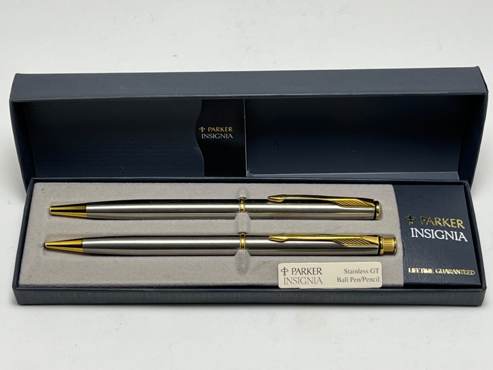 Parker Insignia Stainless Gold Trim Pen & 0.5mm Pencil Set, Box, Papers UNUSED