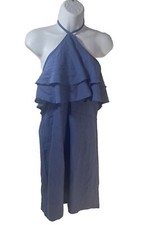 Shein Dress Women Large Blue Ruffle Trim Backless Halter Neck Zip Back Tie Neck