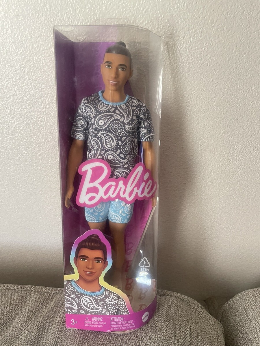 Barbie Ken Doll Fashionistas Brown Hair in Bun Green Eyes Paisley Tee  Shorts