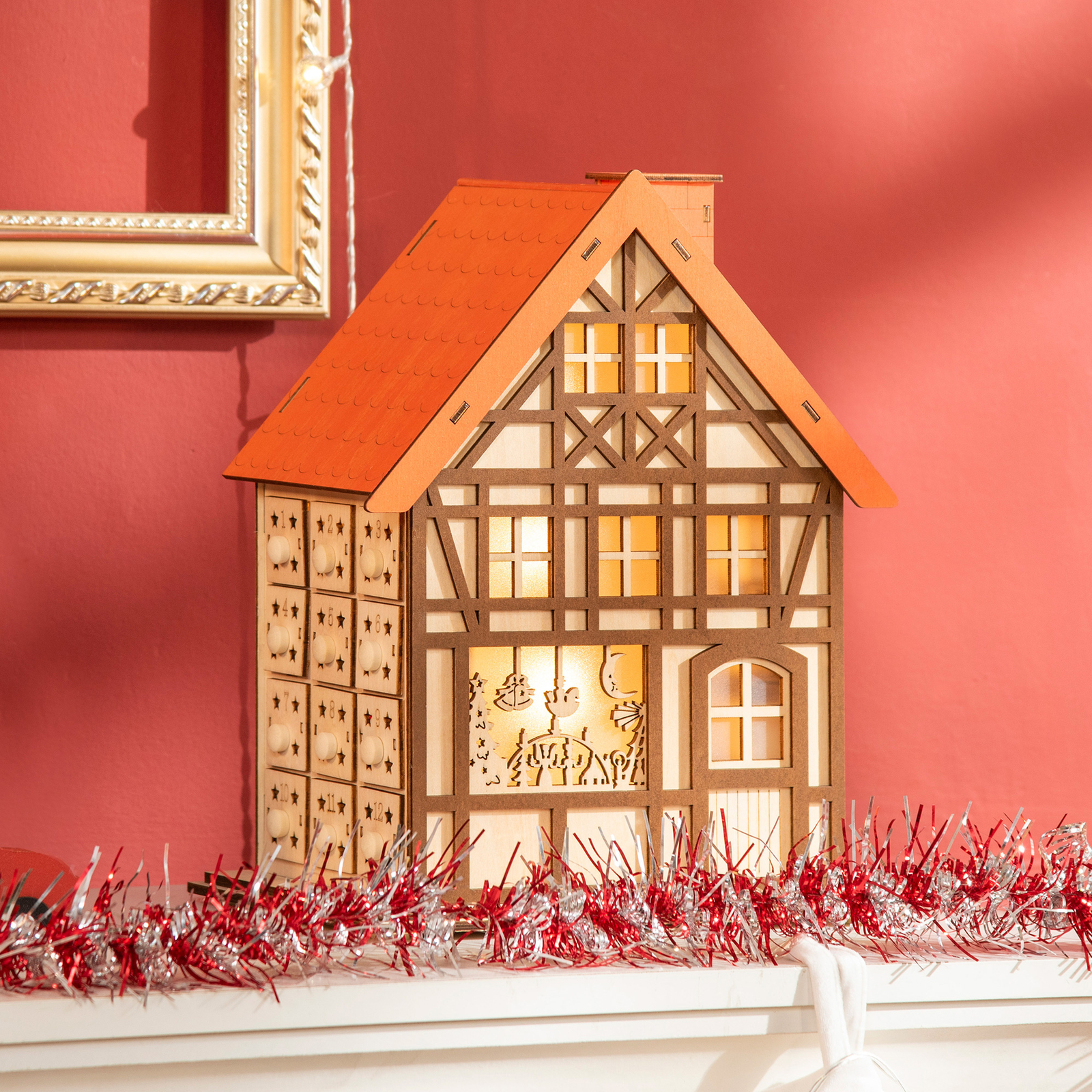 24 Days Countdown to Christmas Advent Calendar, Wooden House w/ Drawer,  Light | eBay