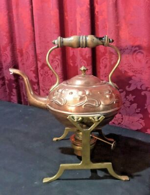 ANTIQUE ENGLISH COUNTRY KITCHEN COPPER & BRASS WARMING TILTING KETTLE TEAPOT