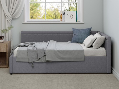 Twin Size Upholstered Daybed w/2 Storage Drawer &Nailhead trim Corner Bed Frames - Picture 7 of 12