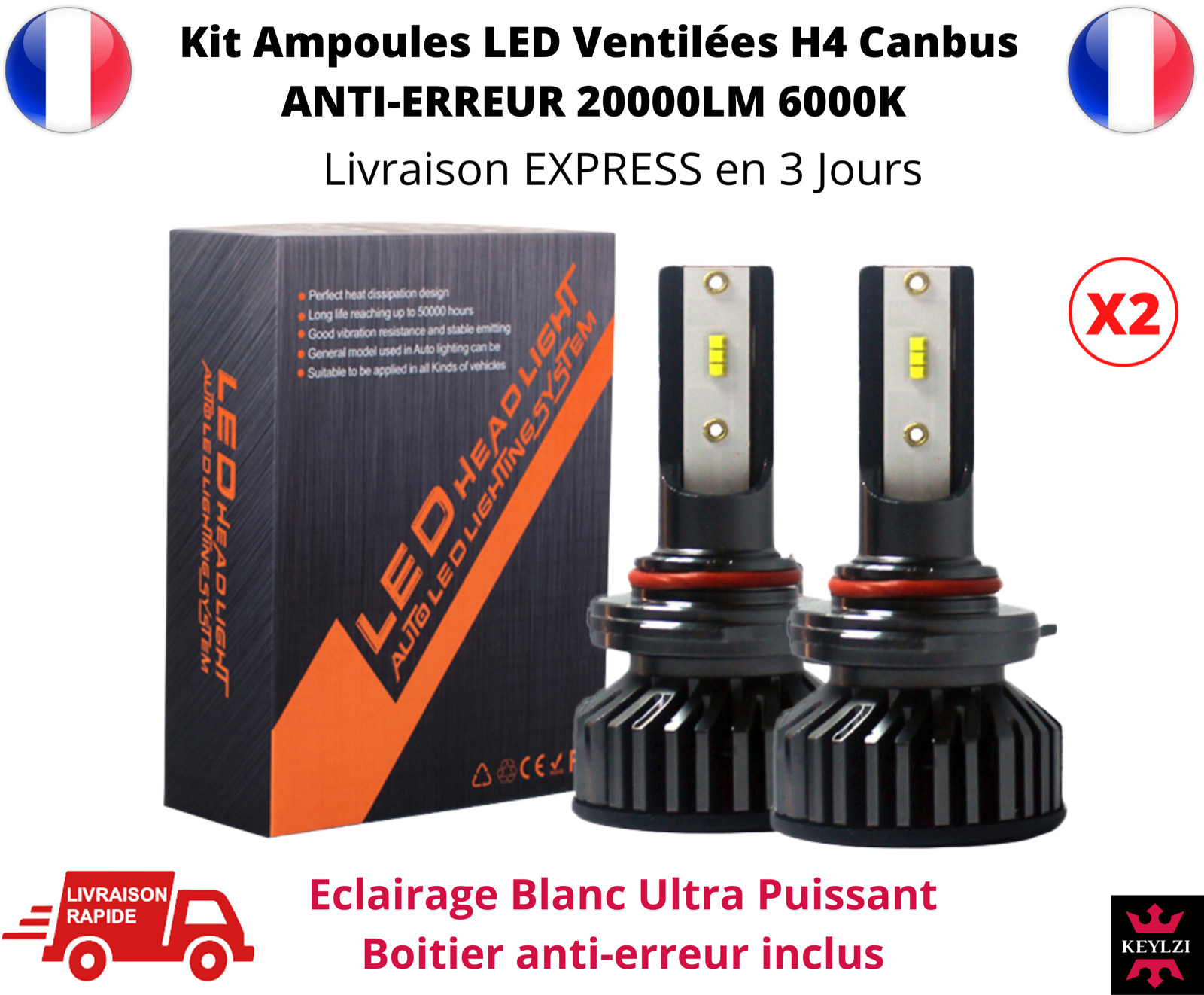 Ampoule LED H4 ventilé 100W 20000LM anti erreur ODB pour auto et moto