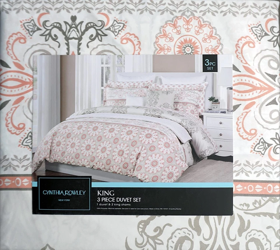 Conjunto de capa de edredom Cynthia Rowley 3 peças medalhão floral coral, cinza e branco KING - Imagem 3 de 4