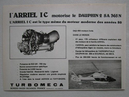1982-83 PUB TURBOMECA MOTEUR ARRIEL I C AEROSPATIALE DAUPHIN 2 SA 365N FRENCH AD - 第 1/1 張圖片