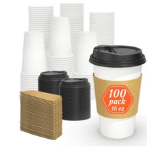100 Pack 16 oz Disposable Coffee Cups with Lids and Sleeves, Sturdy Thick Paper