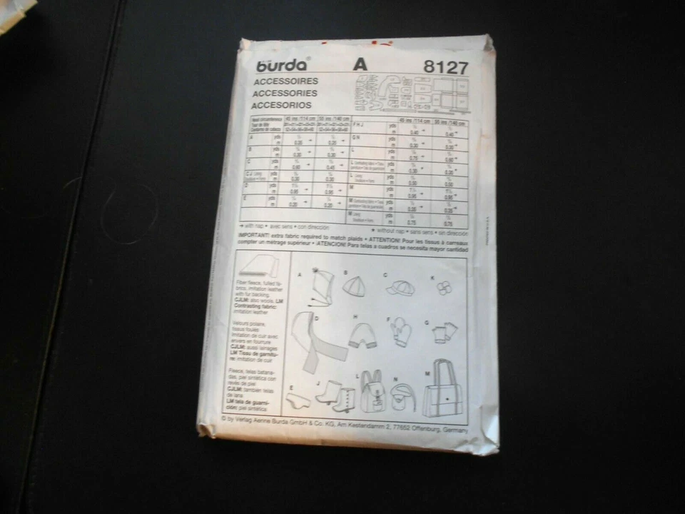 Burda A 8127 Accessories Hats Mittens Purses Overshoes Pattern Head 201/2-23 14" - Image 2 of 2