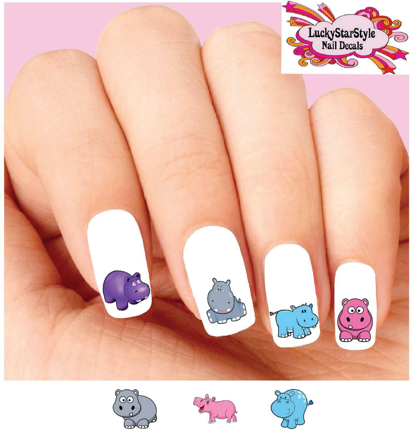 Waterslide Nail Decals Set of 20 Colorful Hippo Hippopotamus Assorted