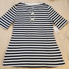 NWT Croft & Barrow Womens Top SMALL Blue White Stripe Lace-Up Front S/S