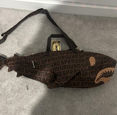 Sprayground Shark Crossbody Bag Monogram Pattern Zip Closure Adjustable Strap