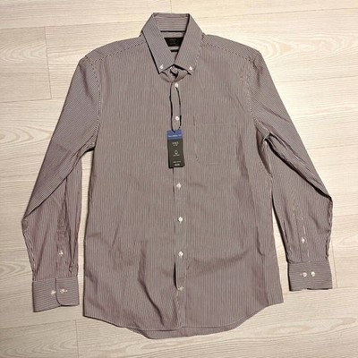 M&S Oxford Shirt Mens Medium Burgundy Striped Pure Cotton Easy Iron Tailored Fit