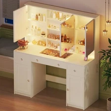 45.3" Makeup Vanity with LED Mirror Lights, Glass Top & Power Outlet
