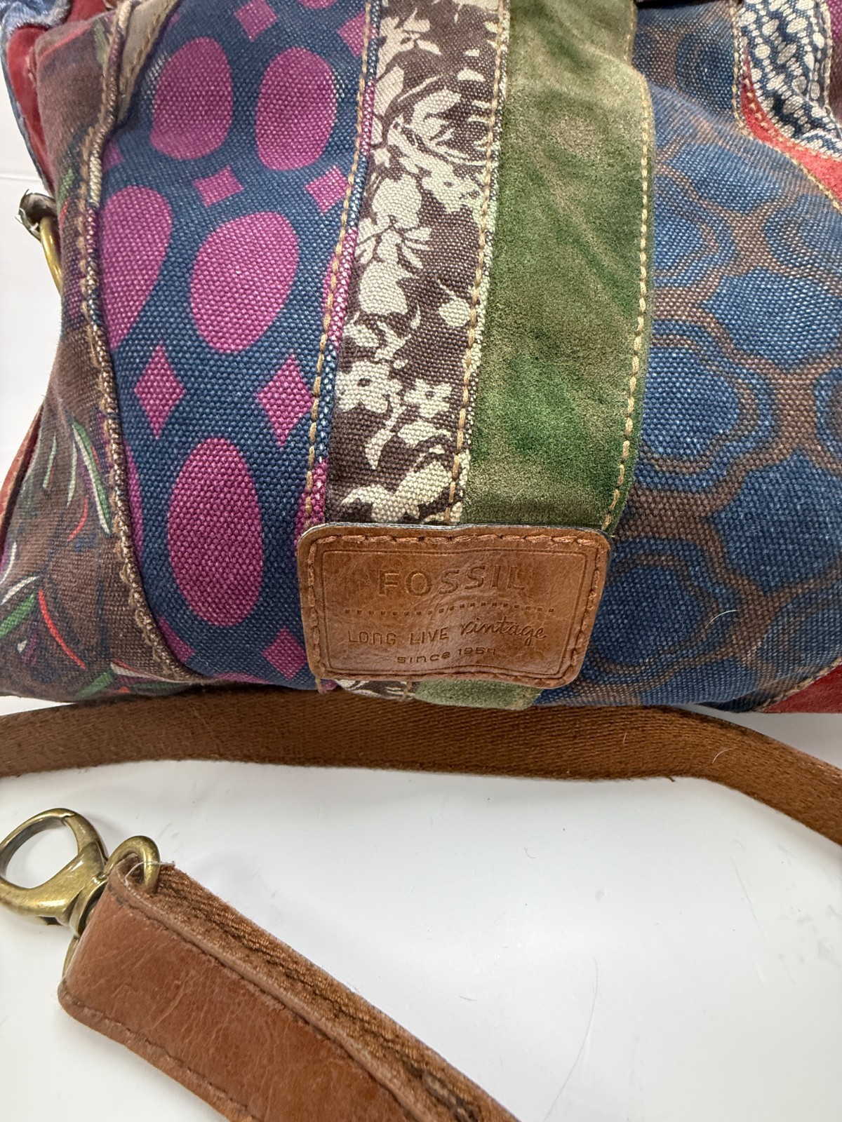 Fossil Patchwork Shoulder Bag Boho Leather Canvas… - image 7
