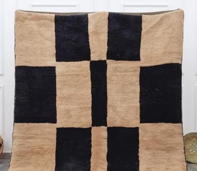 Moroccan  Wool Rug, Black Beige Geometric Berber Carpet, Handmade