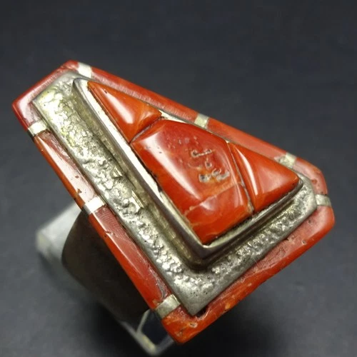 Vintage LARRY CASTILLO Navajo CORAL INLAY Sterling Silver RING size 9.25