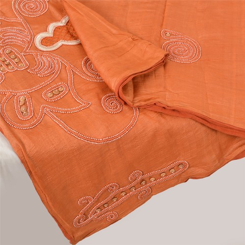 Sanskriti Vintage Long Dupatta/Stole Orange Pure Silk Sequins Hand Beaded Scarf - Picture 7 of 11