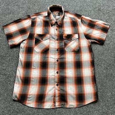 Dixxon Throttle Plaid Shirt Mens Size Large Orange Black Short Sleeve Bamboo