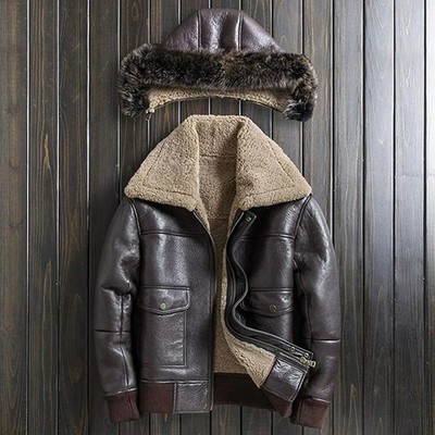 Men's RAF Aviator Pilot B3 Flying Bomber Shearling Fur brown Real Leather Jacket