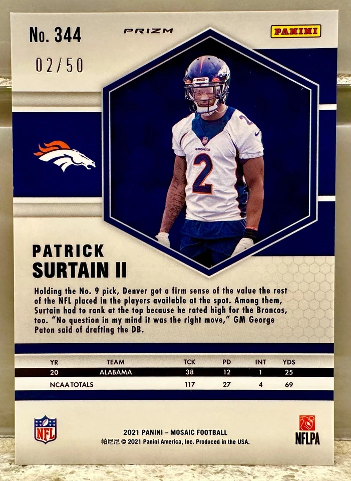 JERSEY # MATCH! 2021 Panini Mosaic Purple Patrick Surtain Rookie 2/50! BRONCOS! - Image 2 of 3