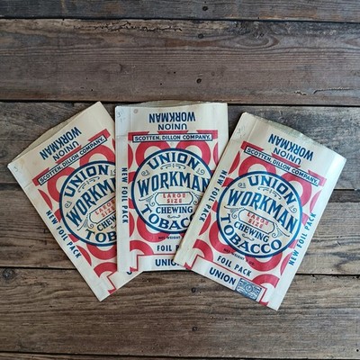 Union Workman Chewing Tobacco 3 Unused 3 oz Paper Foil Bags Vintage Advertising