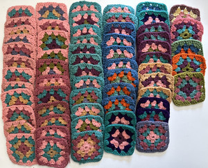 Vintage Lot 63 Handmade Crocheted 3 1/2” Granny Square Blocks Mixed Colors