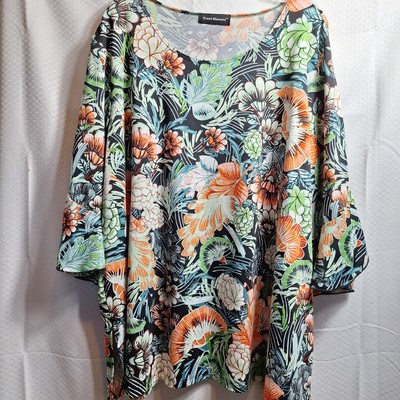 TRAVEL ELEMENTS Top Plus Sz 2X Bright Tropical Floral Summer Vacay Bell Sleeve