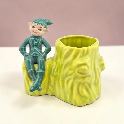 Vintage Gilner Pottery Pixie Elf Planter Green Tree Trunk Stump California MCM