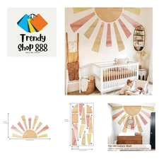 Large Fabric Watercolor Boho Half Sun Wall Decals Peel and Stick, Pastel Sunr...