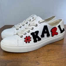 White Leather Low-Top Sneakers with Black Red Appliqu