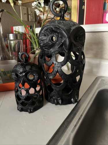 NEW RARE 2PC Pottery Barn Bronze Cast Iron Owl Lanterns - FALL AUTUMN HALLOWEEN