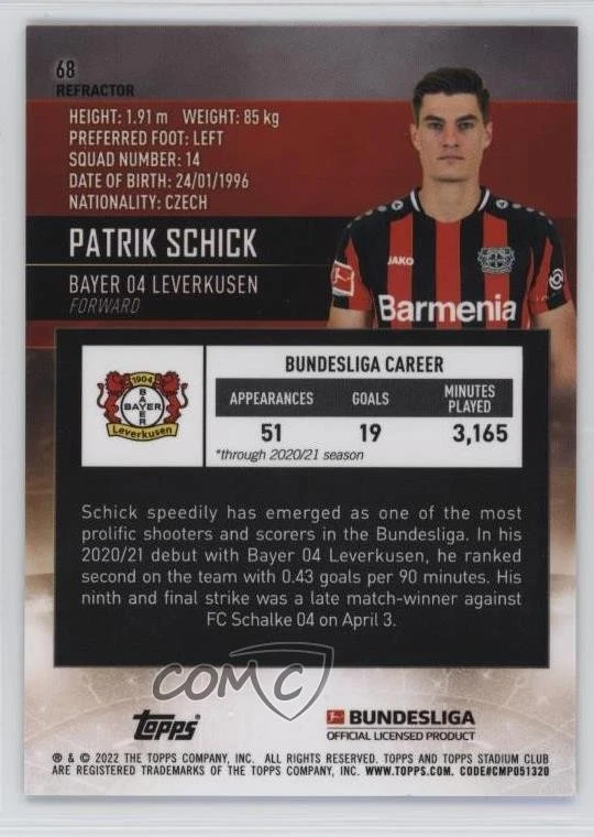 2021-22 Topps Stadium Club Chrome Bundesliga Refractor Patrik Schick #68 - Image 2 of 2